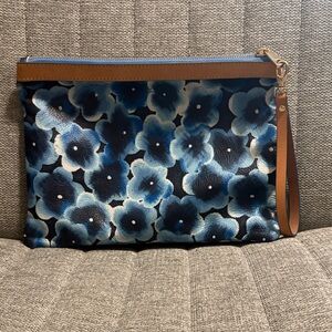 Large Blue Floral Wristlet Clutch with Tan Leather Trim